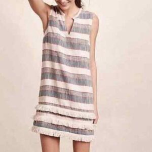 Anthropologie Holding Horses Sleeveless Stripe Fringe Shift Tiered Dress Size 0